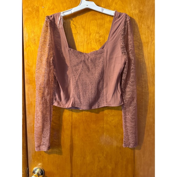 Wild Fable Womens Brown/Pink Long Sleeve Lace Top Square Neck Blouse - Picture 2 of 4